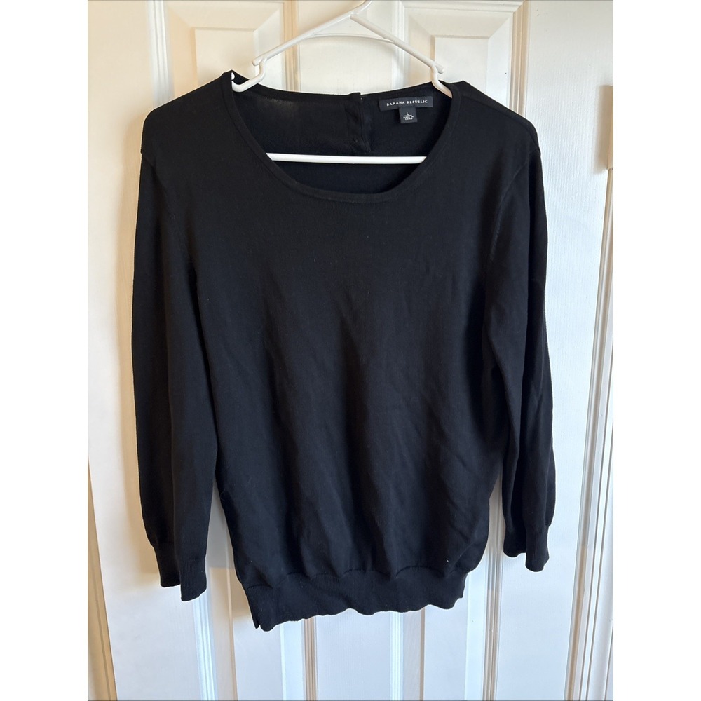 BANANA REPUBLIC Black Knit Top Sweater Long-Sleev Round-Nck Thin Wool Large